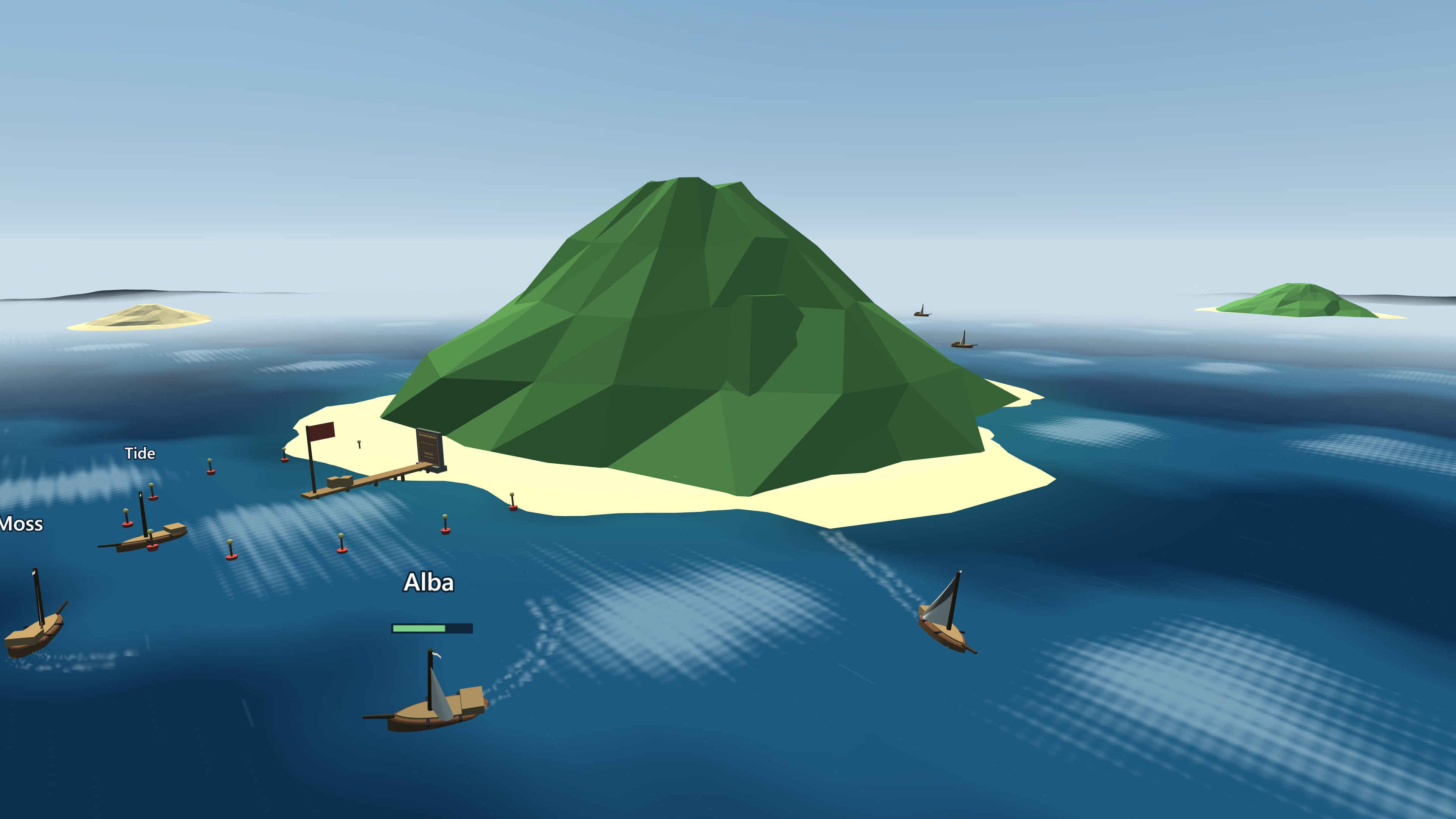 Broadside: sailing ships trading fire around an island in a shared sea